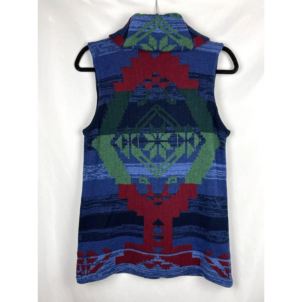 VTG 90s Chaps Denim Southwestern Aztec Sweater Vest Shawl Collar Womens‎ Small